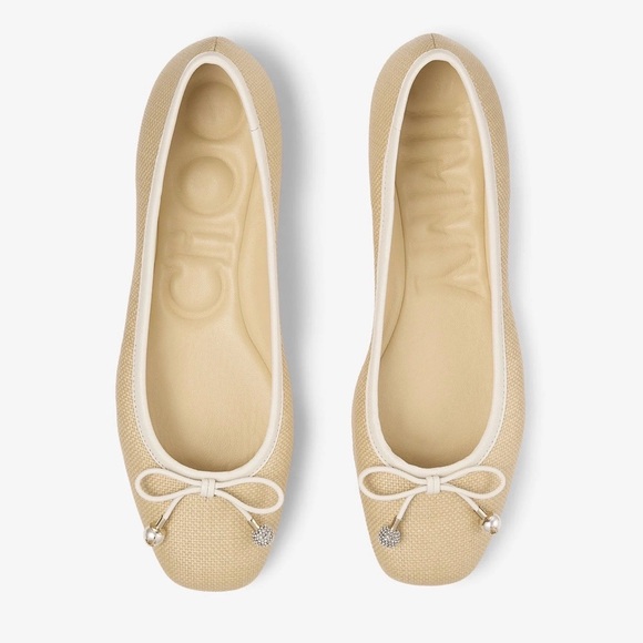 Jimmy Choo Shoes - JIMMY CHOO Elme embellished leather-trimmed raffia ballet flats Size IT 39.5